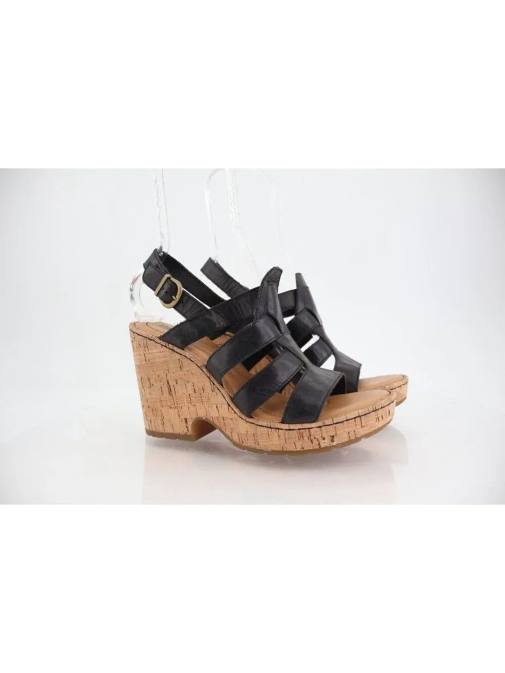 Born Bernese Womens Sandal Size 10 Black Leather Wedge Heel Open Toe Retro Caged